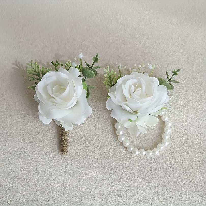 TEMU 2pcs Set Of Artificial White Rose Bridal And Bridesmaid Wrist Corsages, Groom And Groomsmen Boutonnieres, Suitable For Weddings, Parties, , And Back-to-