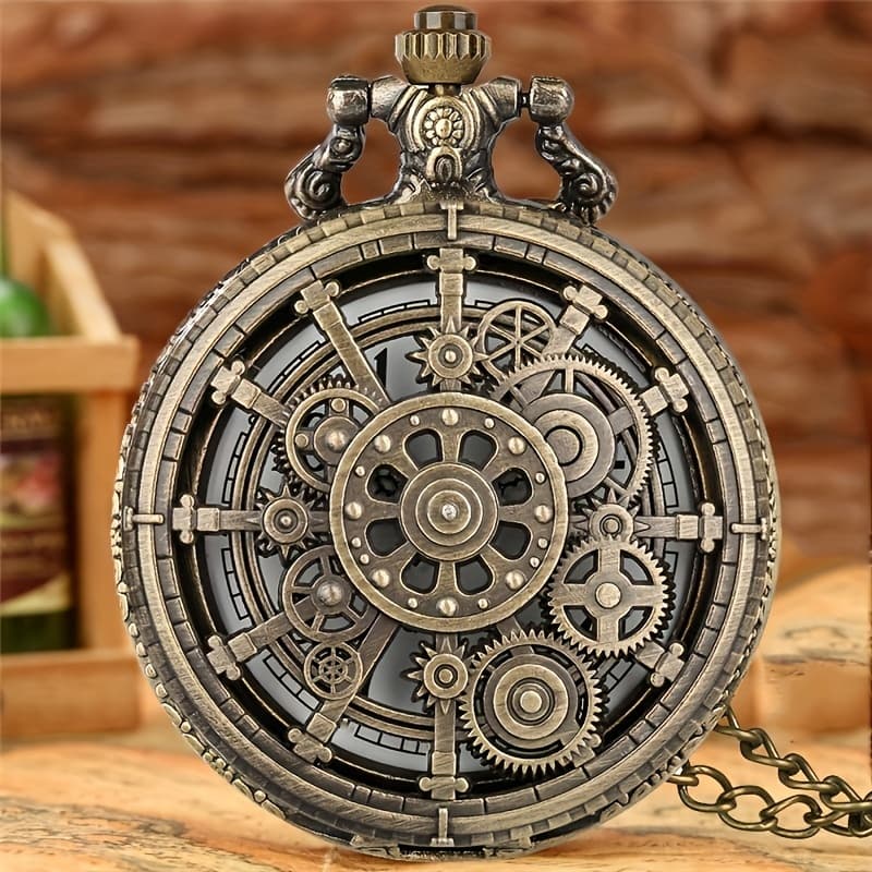 TEMU Vintage Hollow Gear Design Quartz Pocket Watch With World-time Feature, Alloy Case, Round Electronic Movement, Non-waterproof Pendant Necklace Watch With Pointer Display