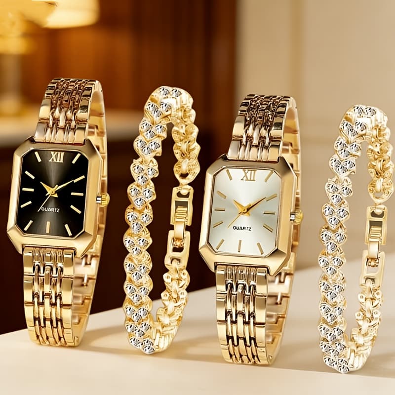 TEMU 4pcs Elegant Women's Watch And Bracelet Set | Fashion Heart Chain With Quartz Watch, Classic Rectangular Dial, Alloy Strap, Ideal For Easter Or Casual Wear