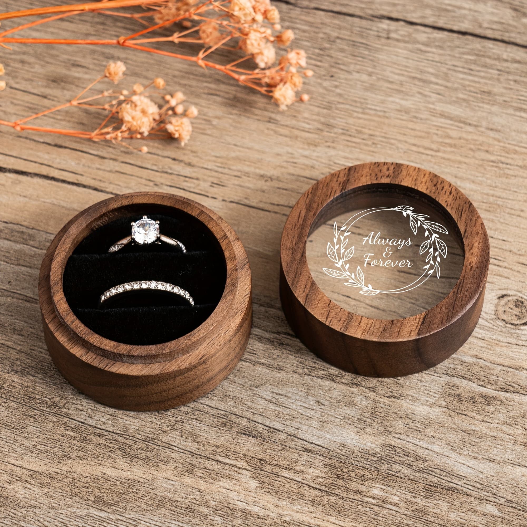 TEMU Wooden Engagement Ring Box With Clear Acrylic Lid - Round Ring Holder For Proposal, Wedding, Anniversary, Valentine's Day Gift - Engraved " And Forever" Display Stand