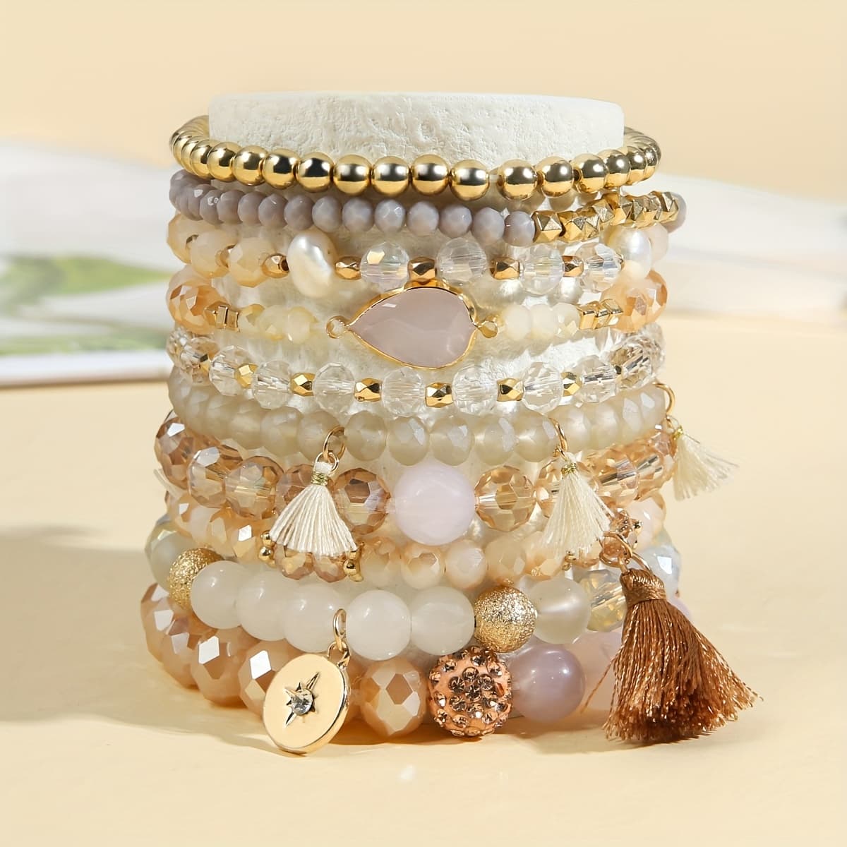 TEMU 10pcs Bohemian Ethnic Style Acrylic Beaded Elastic Multi-layered Stackable Bracelet Set, Suitable For Women' And Party Wear, Gift Bracelet Set