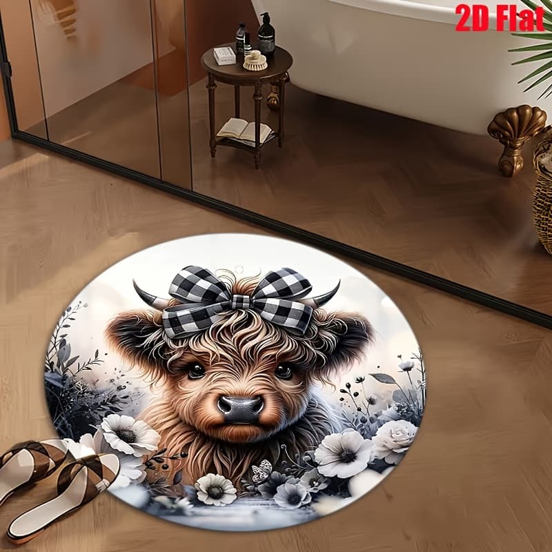 TEMU Jit1pc Highland Cow And Flower Pattern Area Flannel Rug, Round Easy-to-clean Large Area Rug For /bedroom/living Room/kitchen/balcony/dining Area/hallway/office, Home Decoration, Outdoor Rug