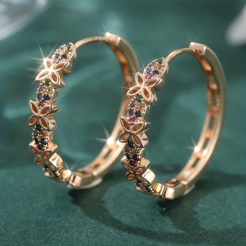 TEMU 1 Pair Elegant Bohemian Floral-like Earrings - Jewelry With Synthetic Zirconia Stones (blue, Pink, Green, Red, Clear), Kc Golden Plated Hypoallergenic Hooks For Women - Wedding, Party