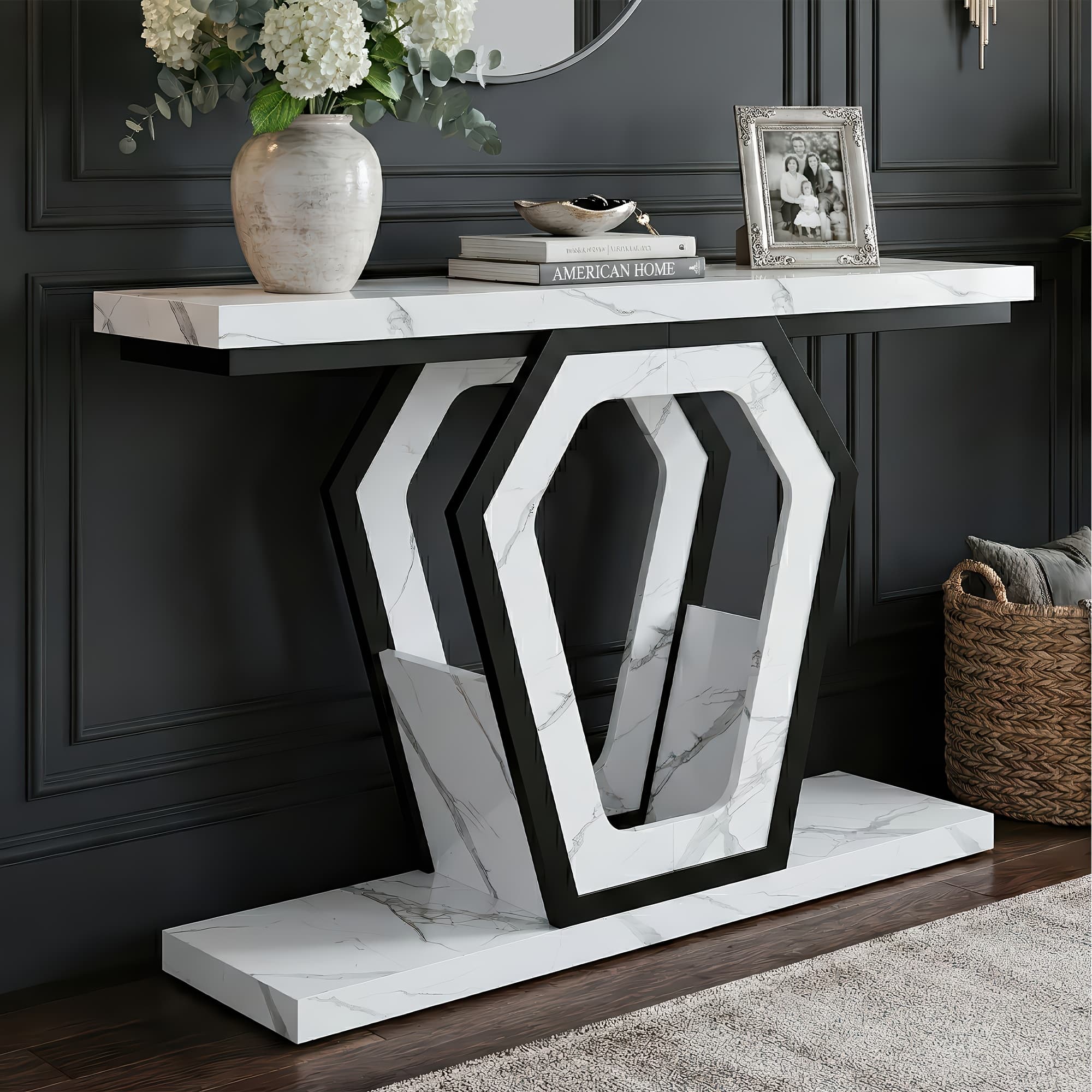 TEMU 47.3" Modern Console Table With Texture, Narrow Sofa Table For Entryway & Hallway, Slim Behind Couch Table With Openwork Bracket, Foyer Table For Living Room, Easy Assembly