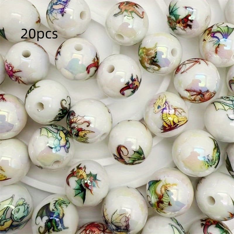 TEMU 16mm Acrylic Printed Dragon Pattern Straight-hole Bead With Coating, Perfect For Making Such As Bracelets, Necklaces, Phone Straps, Keychains, And Other Accessories