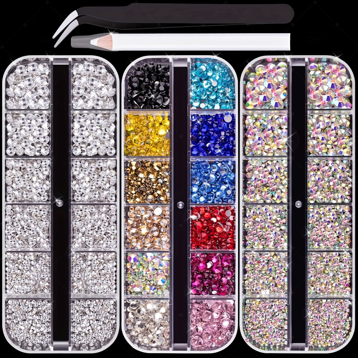 TEMU 3 Boxes Ab And Clear And Mixed Color Flatback Round Rhinestones Kit, Multi Size Glass Crystals Bead With Pickup Pencil And Tweezer For Diy Nail Art