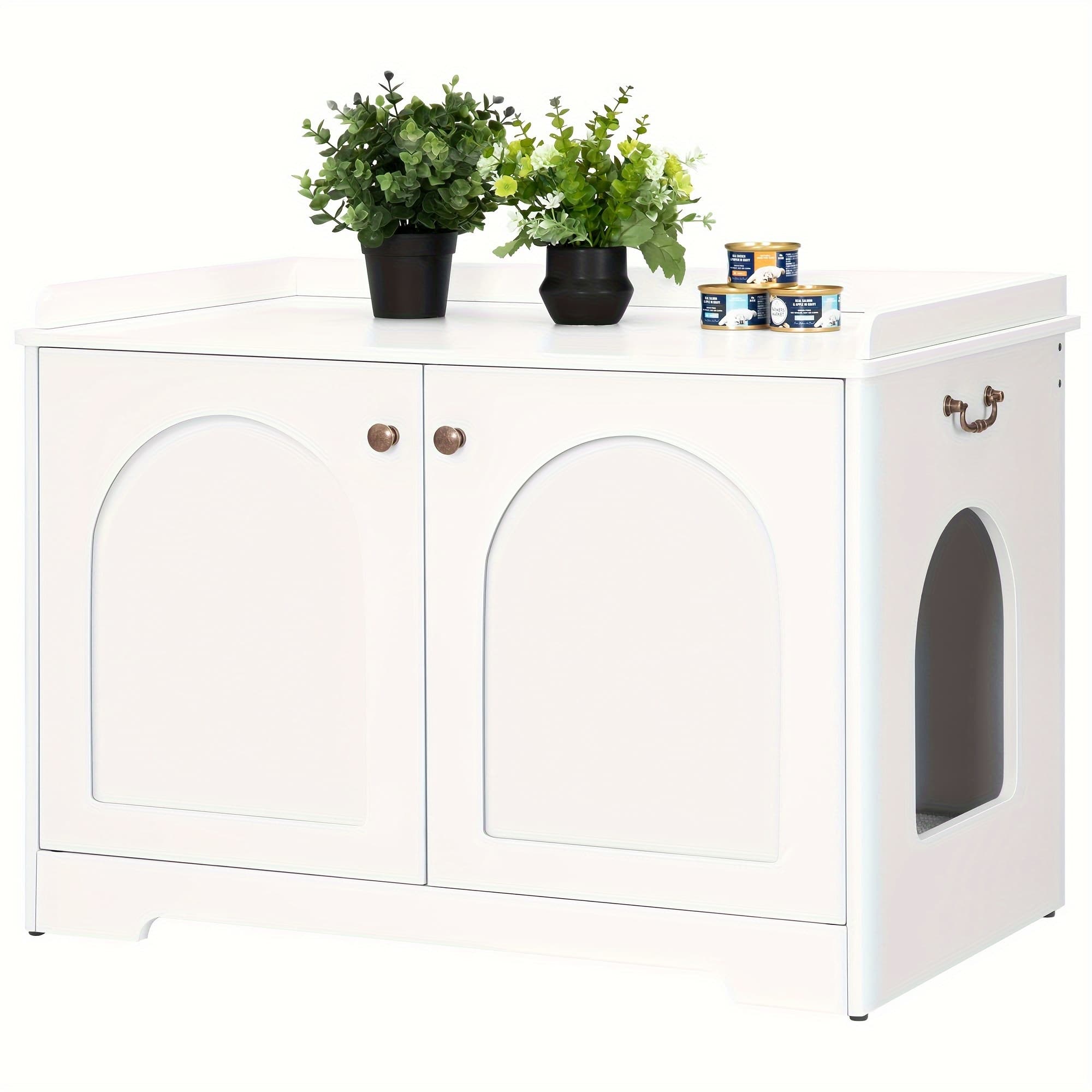 TEMU White Wooden Cat Litter Box Enclosure With Handles, Hidden , Removable Partition, Waterproof Tape, Splash Guard & Scratcher Mat For Living Room Or Bedroom