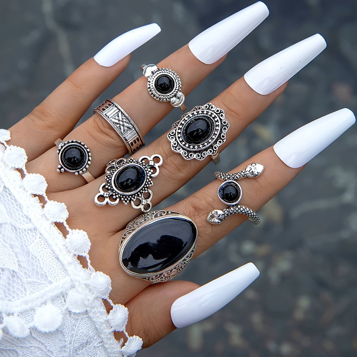 TEMU 7pcs Dark Style Oval Simulated Gemstone Ring Set, Stackable Metal Geometric Snake-shaped Jewelry Set, Suitable For Women's Parties And Banquets, An Ideal Gift For