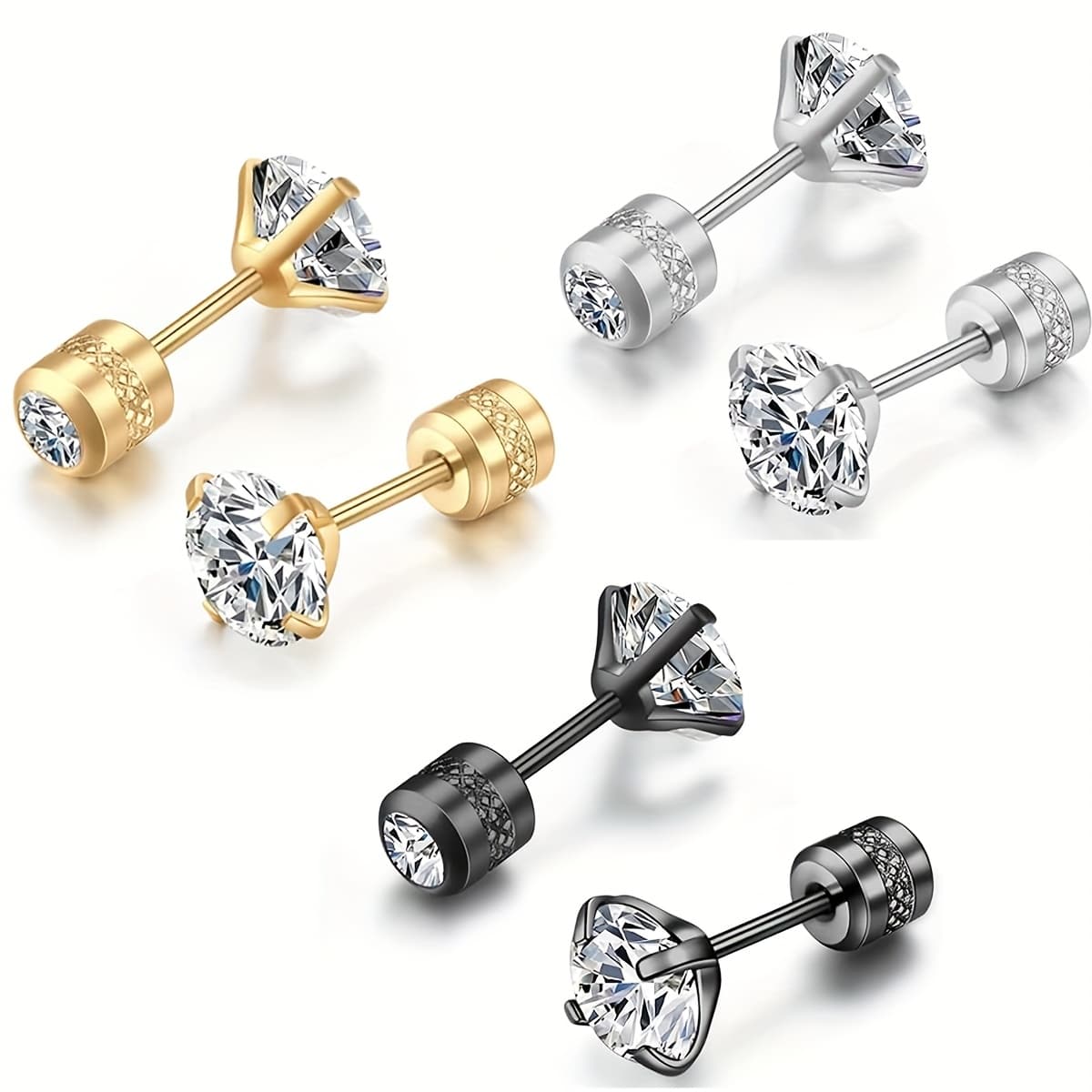 TEMU 3 Pairs Screw Back Round Stud Earrings Set For Women Men, Hypoallergenic Surgical 304 Stainless Steel Double Sided Cubic Synthetic Cubic Zirconiaia Earrings For Sensitive Ears