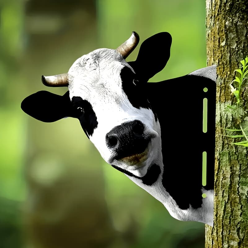 TEMU 1pc Peekaboo Cow Wall Art - Rustic Metal Farmhouse Decor For Home, Garden & Office | Black And White Animal Theme With Leaf Accent, Christmas Decor