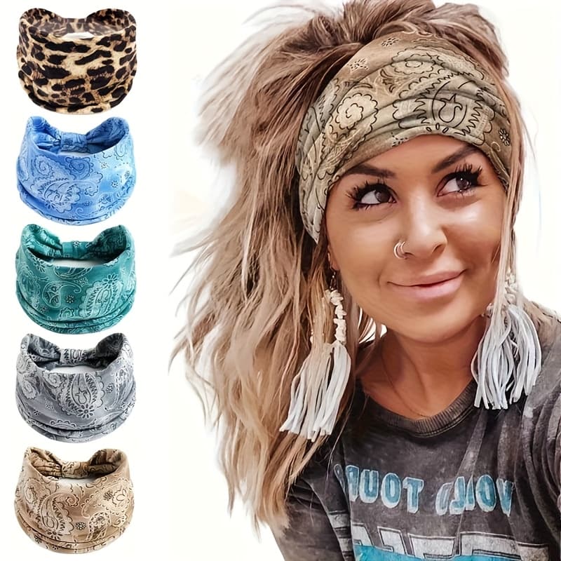 TEMU 5pcs Set Of Fashionable Printed Women's Yoga Headbands, Bohemian Style Soft Breathable Elastic Hairbands For Women's Yoga, Running, And Daily Wear