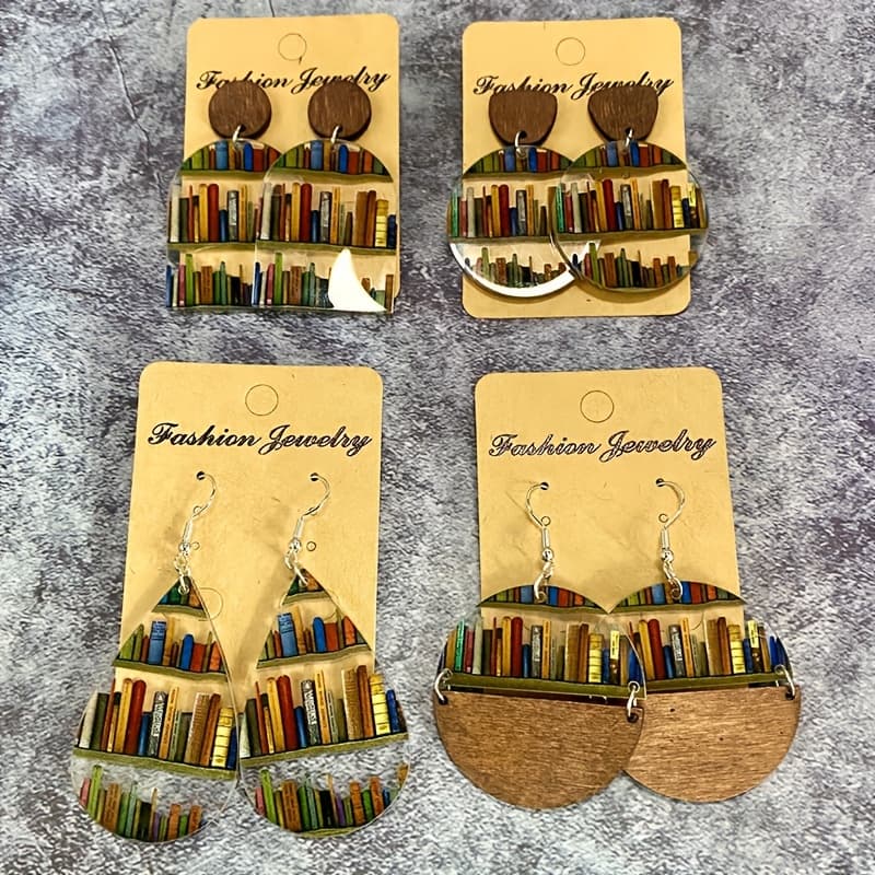 TEMU 4 Pairs/ Set Colorful Book Shelf Design Dangle Earrings Simple School Style Acrylic Jewelry Trendy Female Ear Ornaments