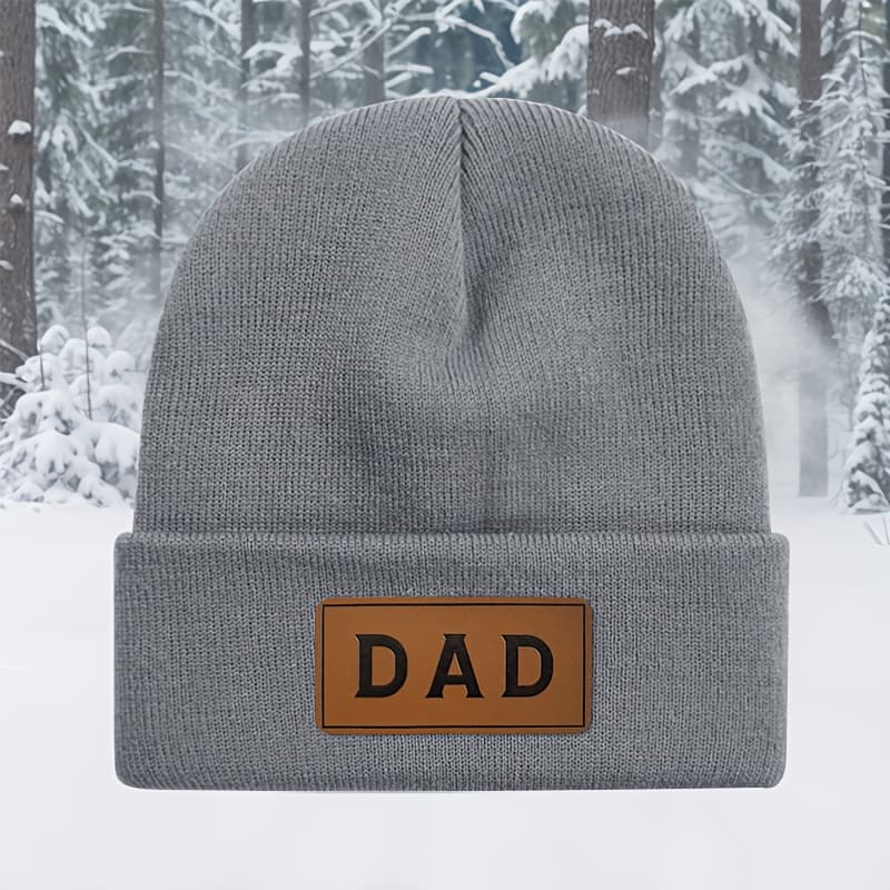 TEMU Fashion Letter Dad Leather Label Knit Hat, Fall Winter Warm Unisex Beanie, Outdoor Warm Brimless , Outdoor Riding Skiing Hat, Fall Winter Casual Wear Hat, Holiday Party Gift Beanie