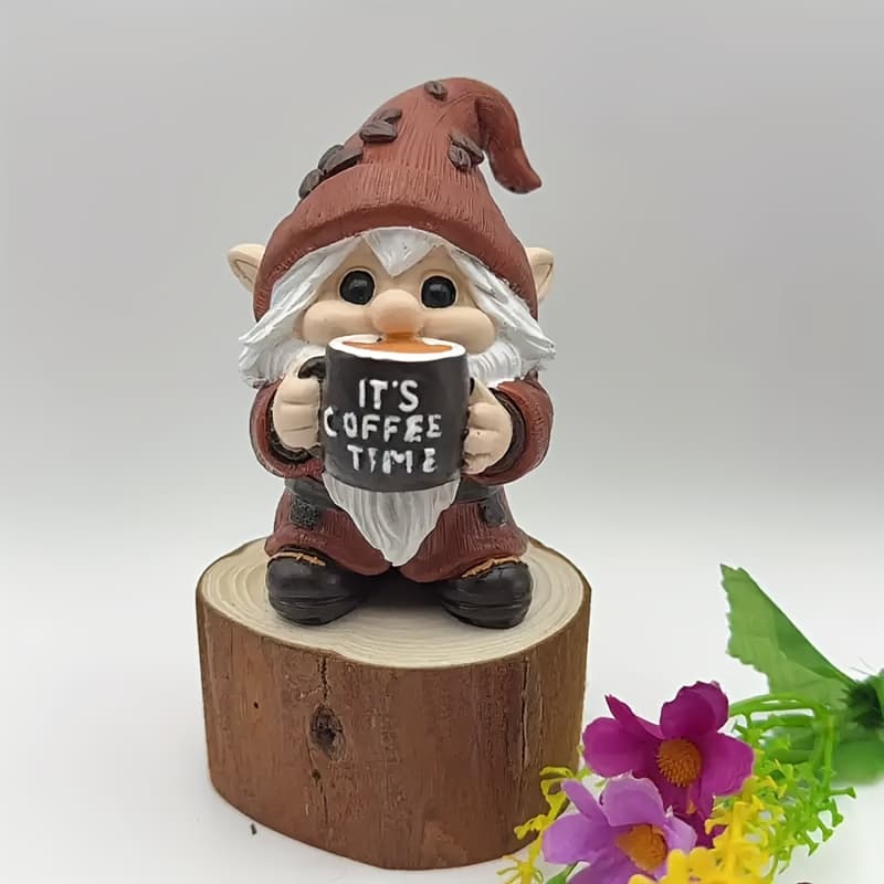 TEMU A Resin Figurine Of A Gnome Who Coffee, Featuring A Vintage Cartoon Style And The "it' Time". This Durable Home Decoration Is Perfect For Christmas, Easter, And Thanksgiving
