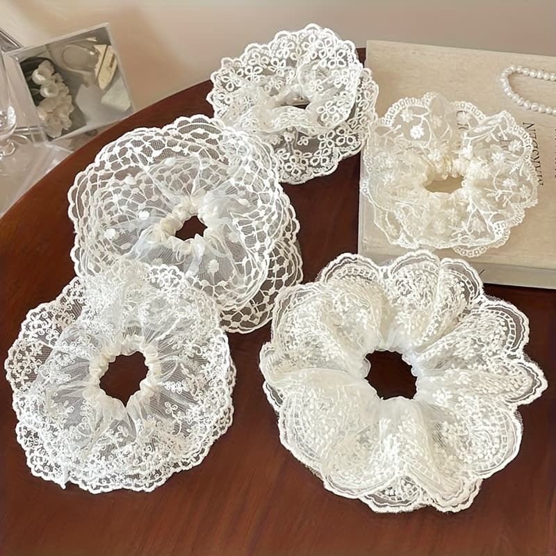 TEMU Random 2pcs White Lace Large Hair Circle, Air Bun Hair Rope Lace Ponytail Head Ornament Tie Hair