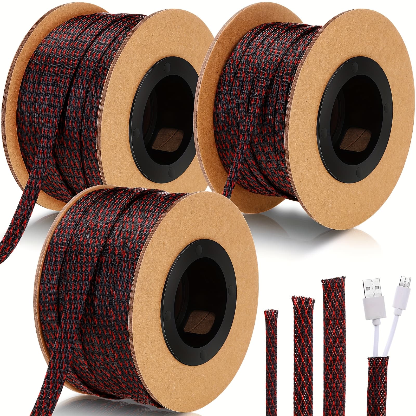 TEMU 3pcs 300 Feet 1/4 1/2 3/8 Inches Wire Loom Pet Expandable Braided Sleeving Braided Sleeve For Tv Computer Home Theater (black Red)