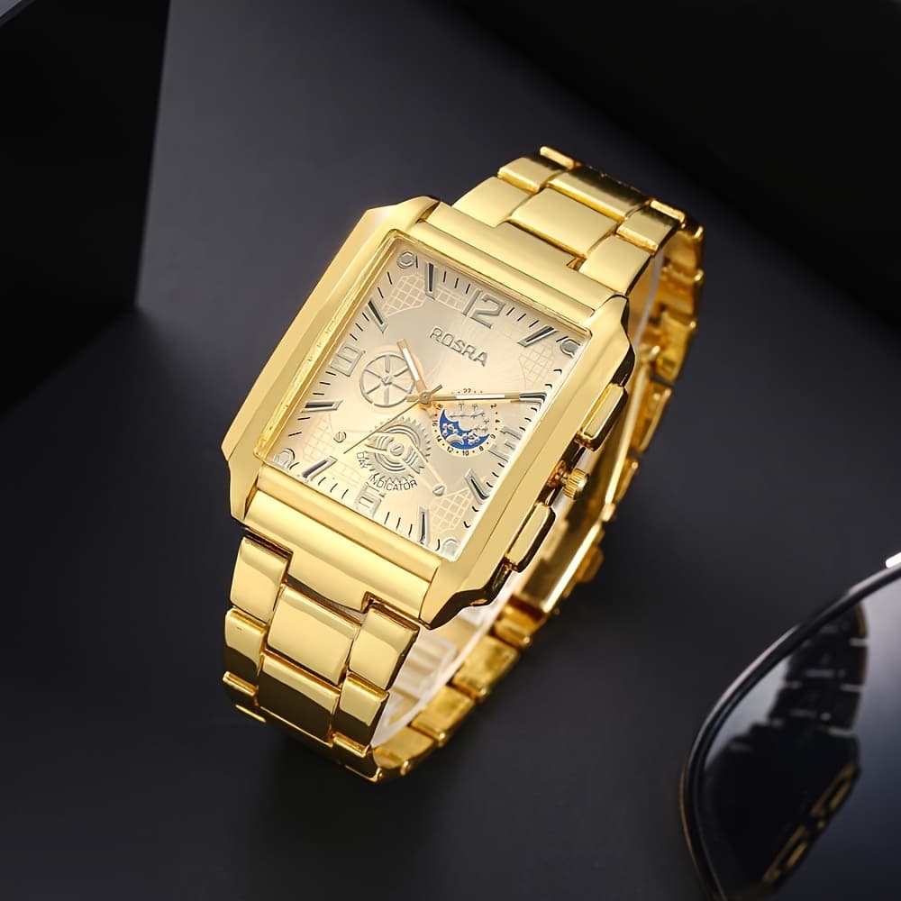 TEMU Fashion Men' Golden-tone Quartz Watch With Stainless , Alloy Case, Elegant Business Casual Watch For Casual Attire