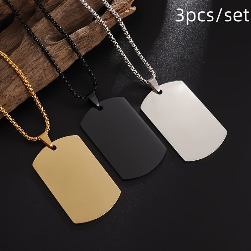 TEMU 3pcs/set Classic Simple 201 Stainless Steel Polished Square Pendant Dog Tag Necklace Men's Fashion Casual Hip Hop Jewelry