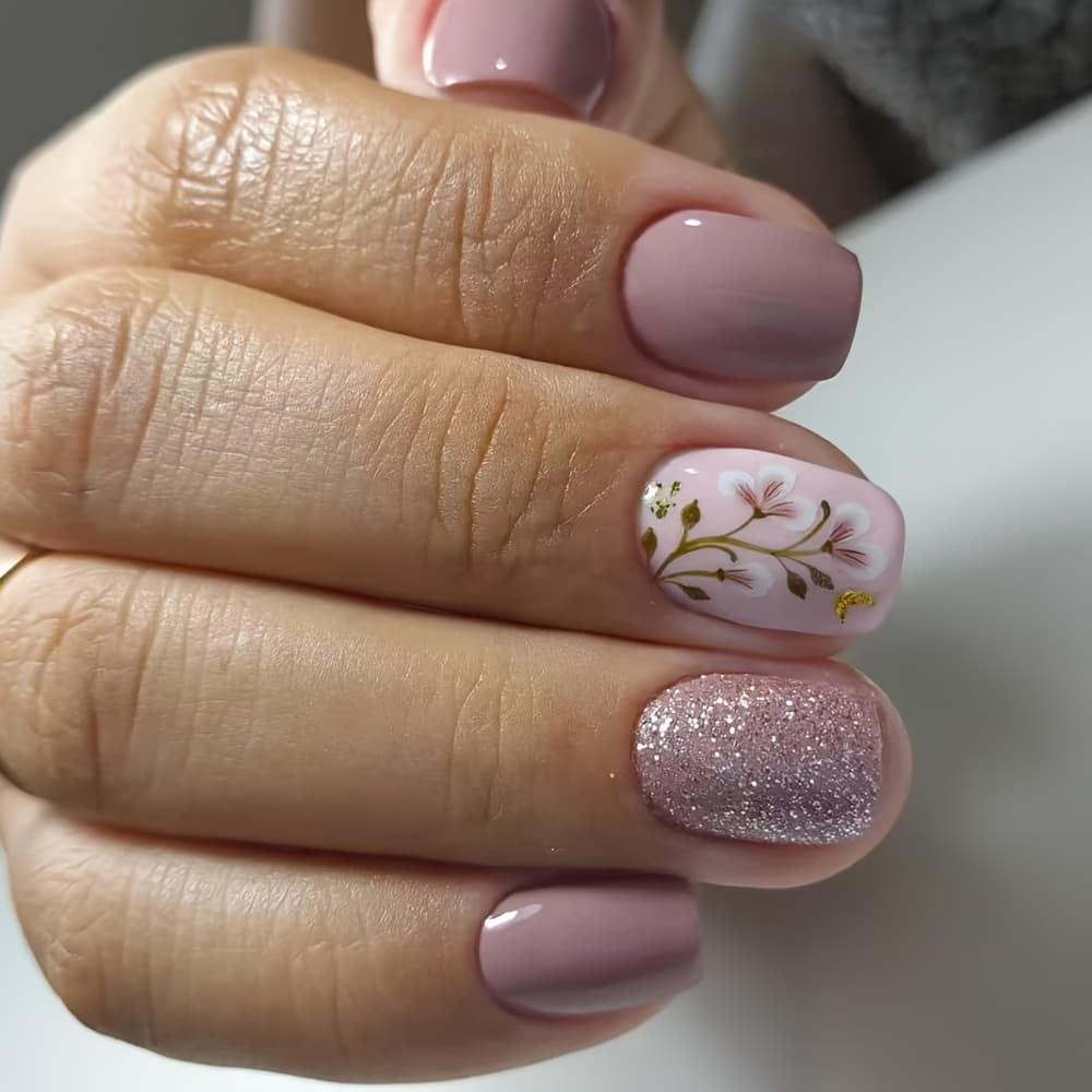 TEMU Summer Fashionable Flower Glitter Nail Art, Short Square Bright Fake Nails, Suitable For ' Daily Wear, 24pcs Press-on Easy Nail Art