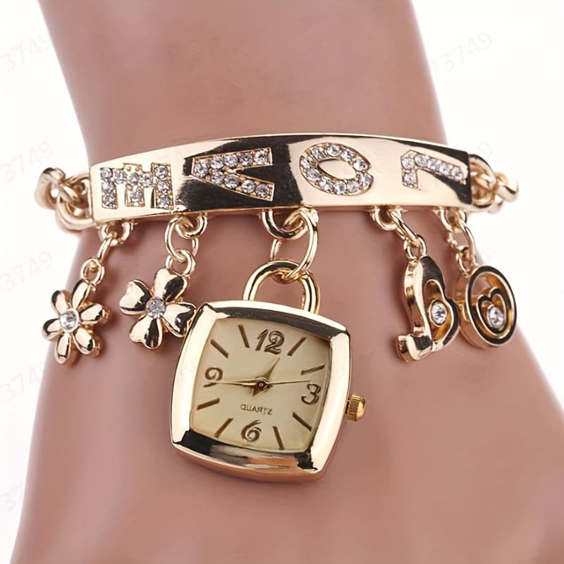 TEMU Sophisticated And Fashionable Pendant Clock For Women, Showcasing Exquisite Golden Bracelets And