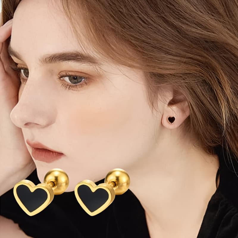 TEMU 2pcs Stainless Steel Black Heart-shaped Earrings - Easy And Elegant Style - Suitable For Women's Everyday Wear And Parties - Valentine's Day Jewelry Gift