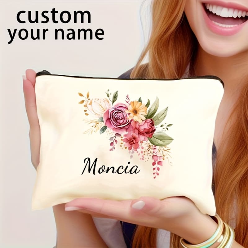 TEMU A Custom Name Floral Pattern Everyday Gift Makeup Bag, Featuring A Personalized Name Polyester Cosmetic Pouch, A Unisex Adult Travel Toiletries Storage Bag, The Gift For , Family, And