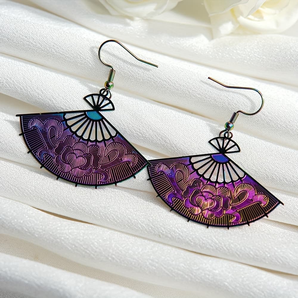 TEMU Fashion Vintage Chinese Style Stainless Steel Fan-shaped Pendant Earrings For Women, Vacation Accessory, Jewelry For Ladies, Ideal Gift