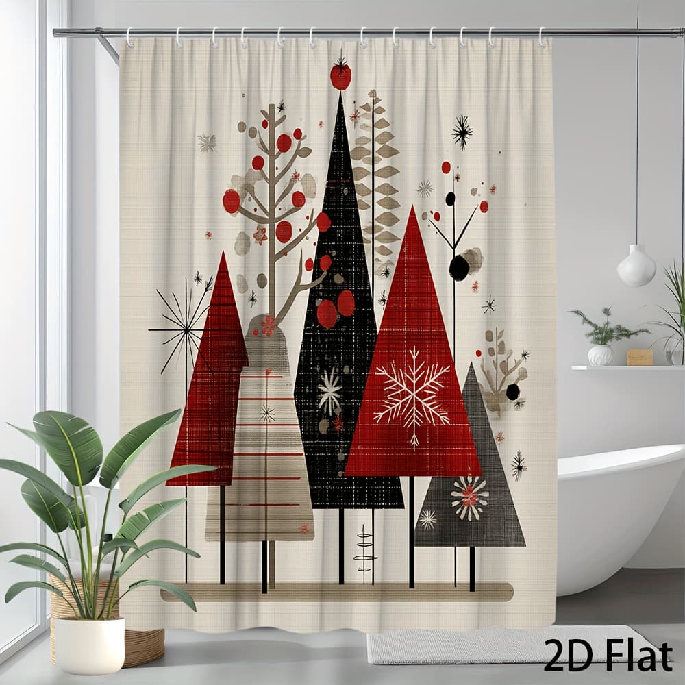 TEMU 1pc Christmas Forest Scene Shower Curtain With Natural Trees And Snowflakes Pattern, Polyester Fabric Bathroom Decor, Includes 12 Hooks, 70. 8x70. 8 Inches