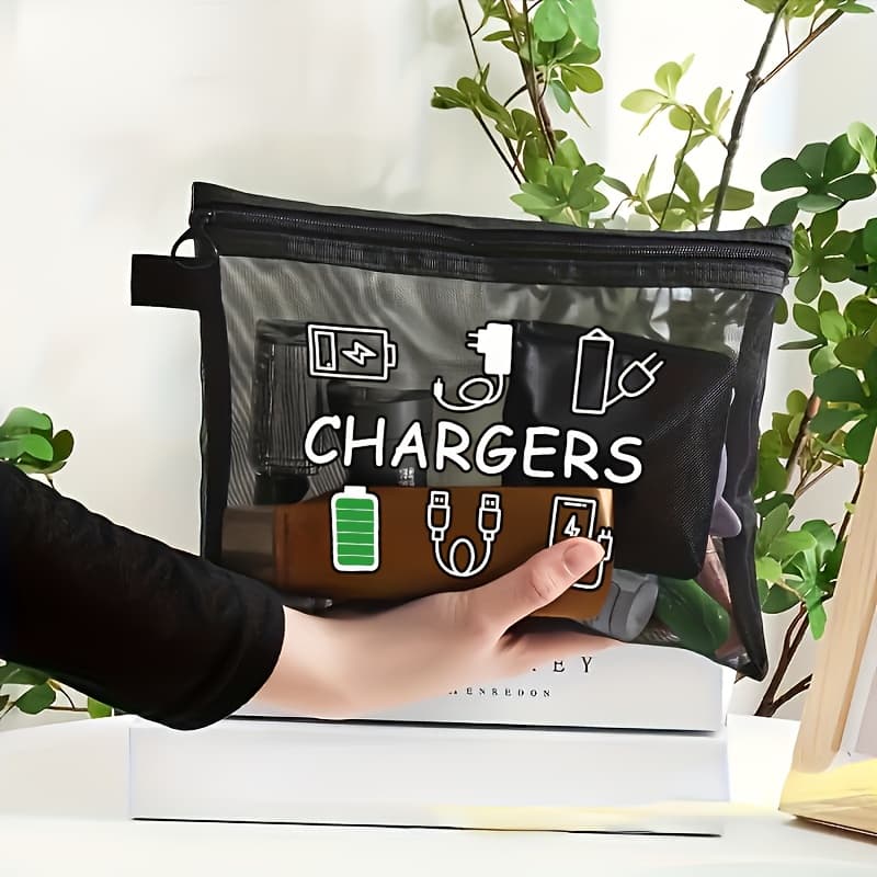 TEMU Charger Print Mesh Makeup Bag, Travel Cable Storage Pouch For Electronics & Accessories, Unisex Nylon Zipper Organizer For Toiletries, School Supplies, Holiday & Back-to-school Essentials