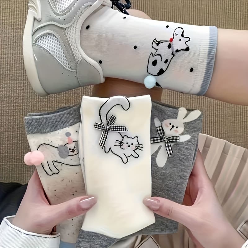 TEMU 4pairs Summer Bow Cute Mid-tube Socks Women, Cartoon Puppy Boneless Pile Socks, Korean Style Ins Thin Mid-tube Socks