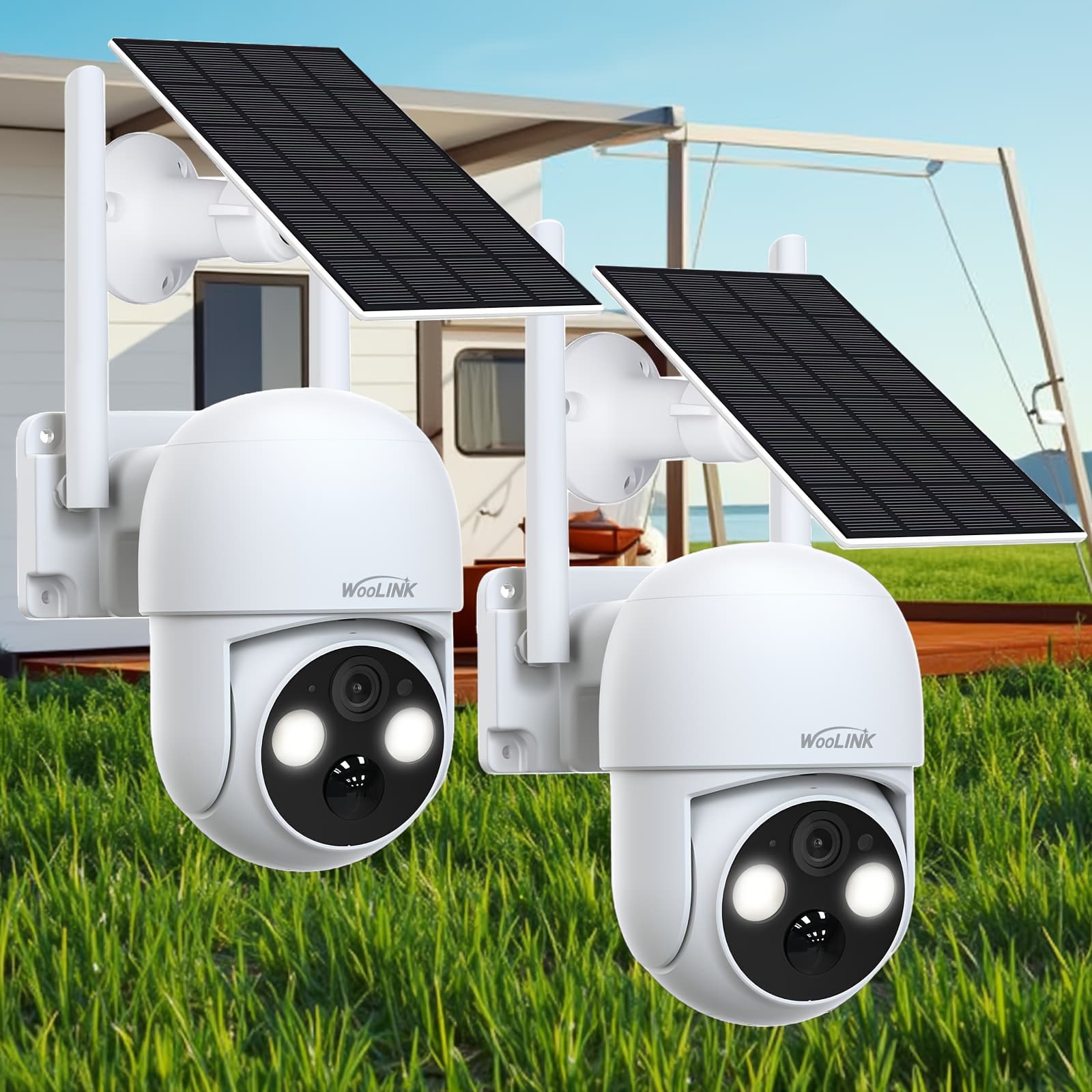TEMU Woolink 2pcs 4mp Outdoor Wireless Solar Security Camera Ip65, Pir Alert, Ptz, Spotlight Alert, 2-way Audio, Color Night Vision & 2.4ghz Wifi For Home Security, Villa, , Ranch, Farm