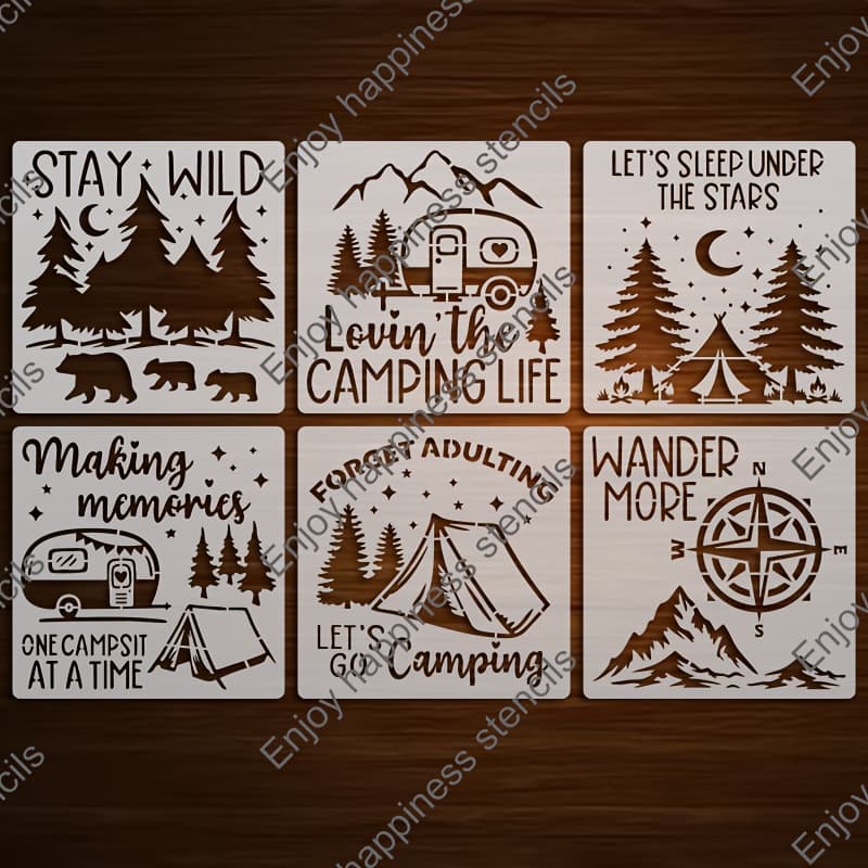 TEMU 6pcs Camping, Forest Stencils, 5.91 X 5.91 Inches Reusable Painting Templates, For Fabric, Wall, Picture Frame, Door And Window, Painting, Packaging, Crafts
