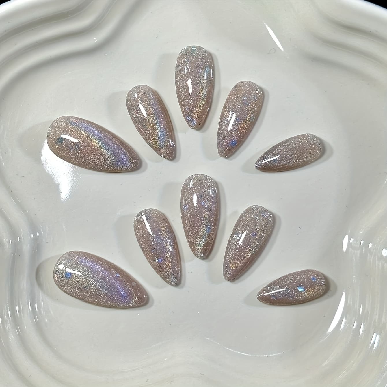 TEMU 10pcs Set Of Handmade For Lotus Root-colored Sequined Nail Tips With Multicolor Cat Eye Glitter And Polarized Finish, Simple And Elegant Style