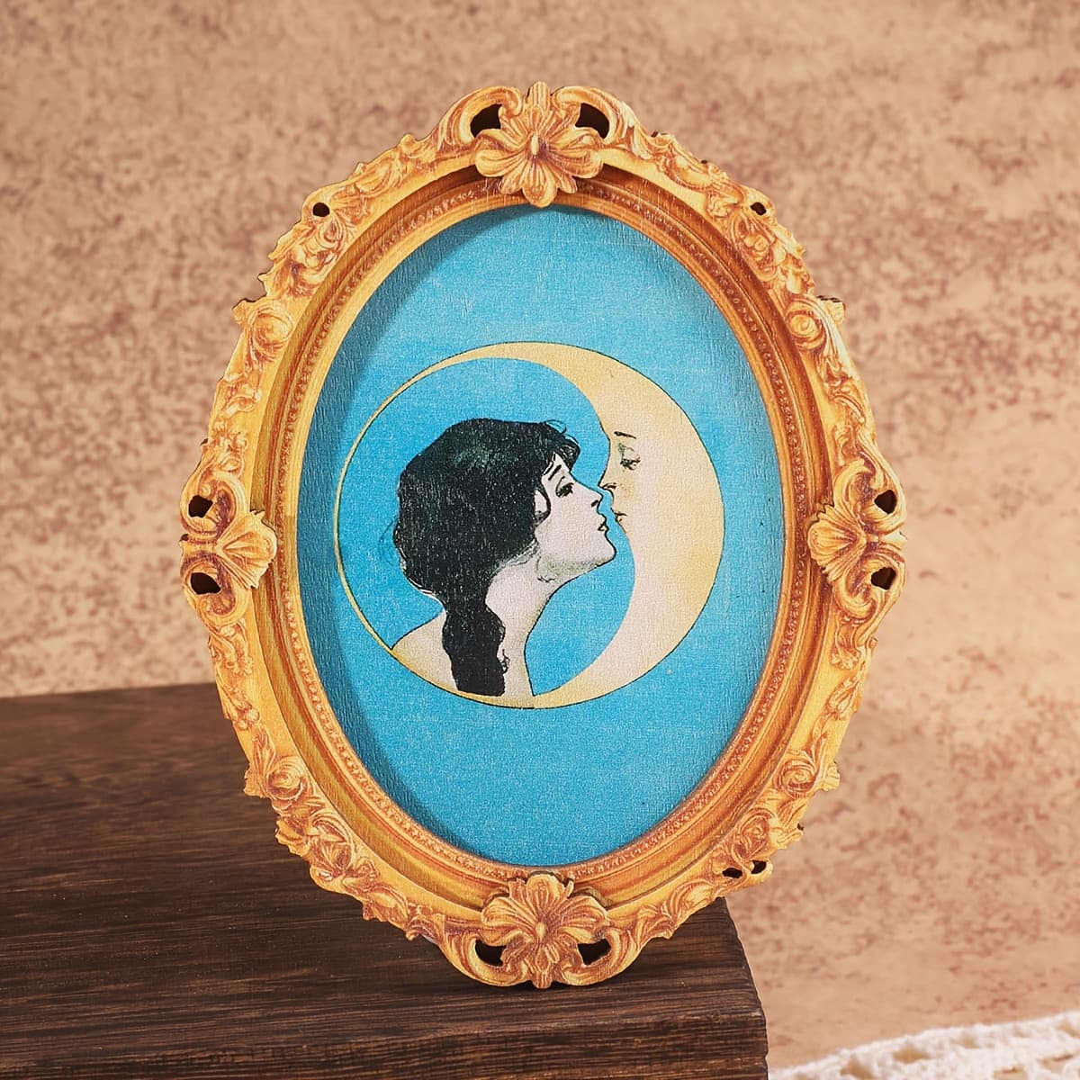 TEMU 1pc Vintage Mini Mini Photo Frame Fridge Magnet With Moon & Woman Celestial Design - Oval Wood Holder For Pictures, Decorative Suitable For Fridge, Home,, Or Dorm Room - Ideal Gift