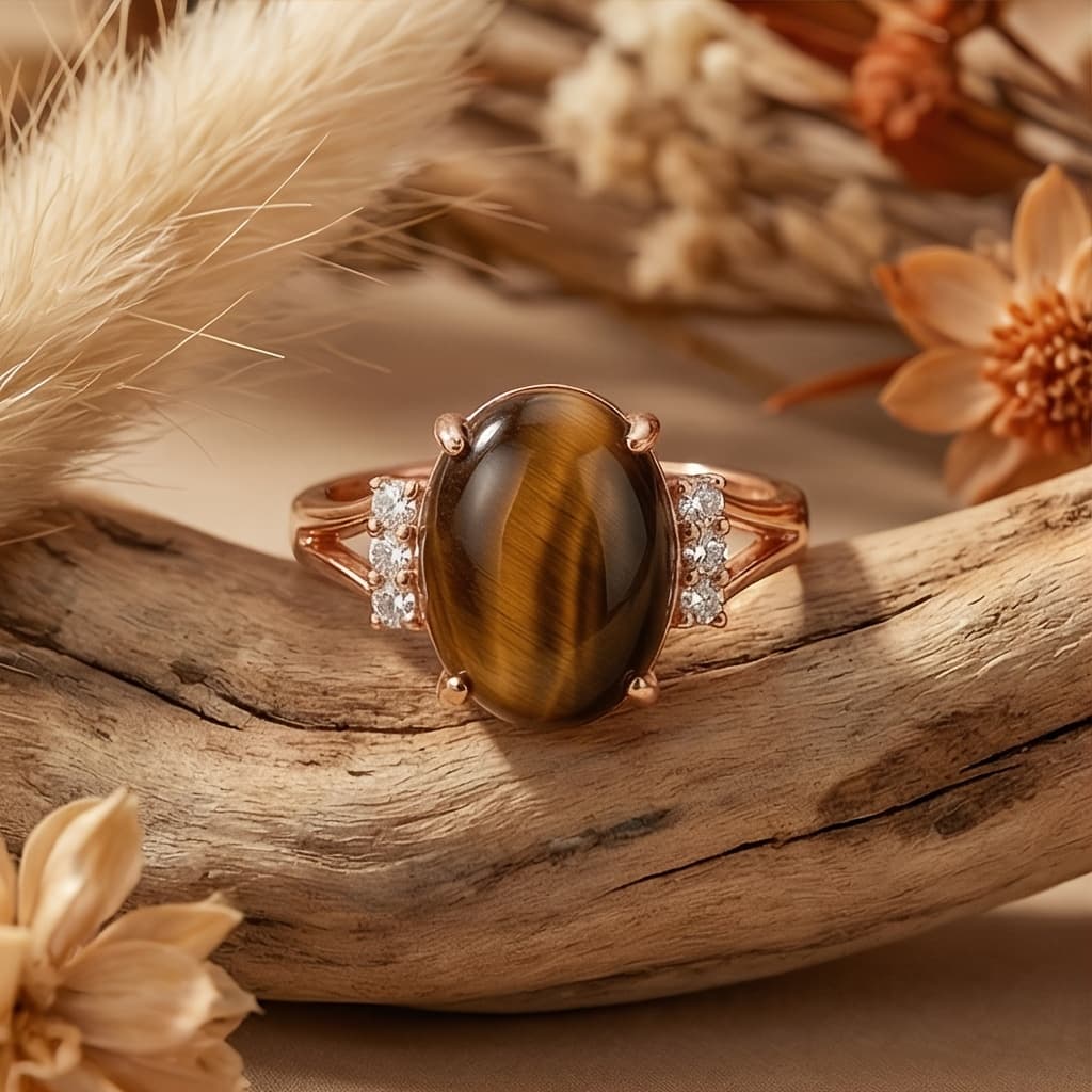 TEMU Women's Natural Tiger Eye Stone Ring With An Oval Brown Gemstone - Vintage Crystal Chakra Jewelry - A Talisman For Protection And Good Luck Gift