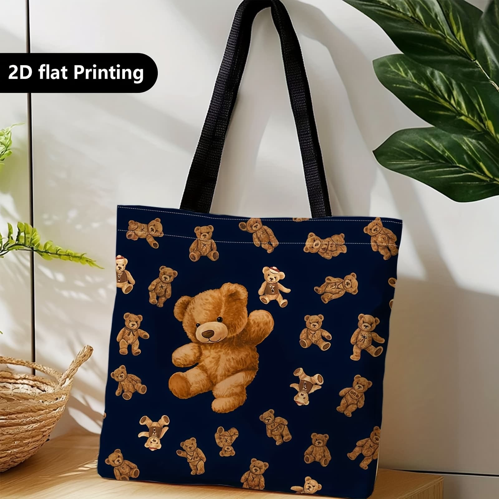 TEMU 1pc Shopper Bag, Portable Shoulder Back Hand-held Bag, Teddy , Navy Background, Patterned Design, Suitable For Travel, Cosmetics, Bags, Home Furnishings, Gifts, Family