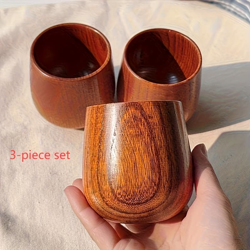 TEMU 3pcs Handmade Wooden Cups - Reusable Tea Cups, Coffee Cups, High-quality Household Or Kitchen Wooden Drinking Utensils, Smooth Polished Surface, Elegant Design, Coffee Bar Accessories