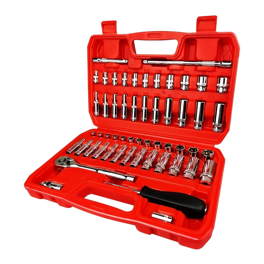 TEMU 54pcs 1/4" Drive Impact Socket Set With Joint, Extension Bars, Hex Bit Holder & Ratchet - Cr-, Deep & Shallow Sockets, Sae/metric, 6 Point, 4-14mm, 5/32-9/16 Inch