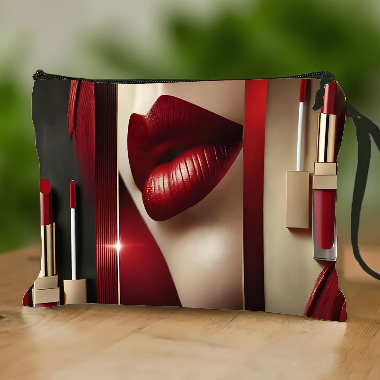 TEMU Red Lipstick-themed Makeup Bag - Lightweight Cosmetic Organizer With Top Handle & Wrist Strap, Zippered Travel Storage Case Suitable For Lipstick, Lip Gloss, Lip Liner