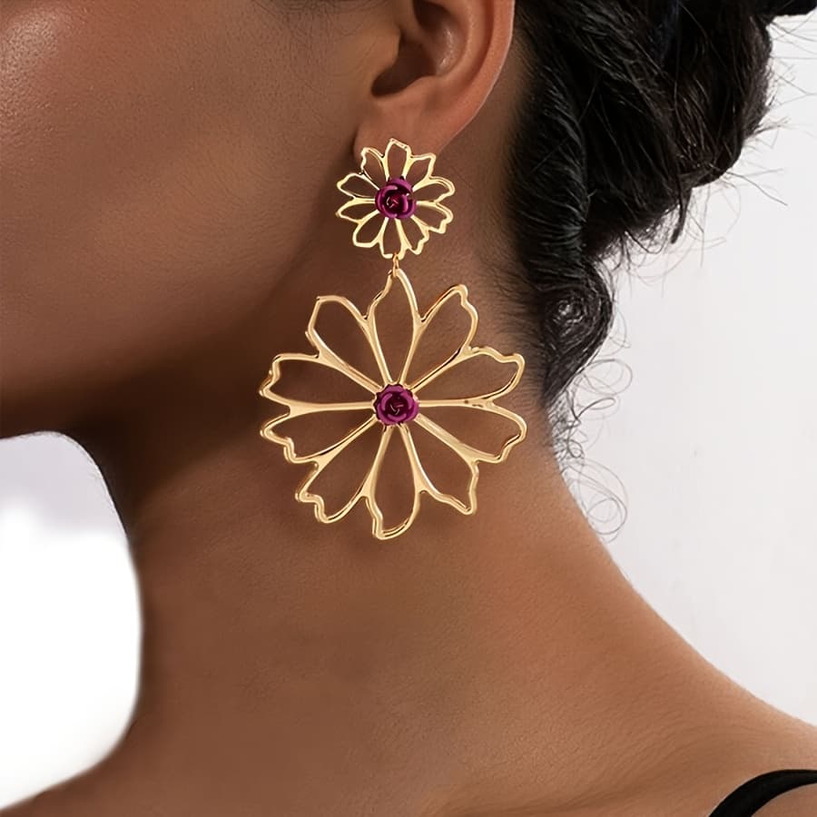 TEMU Of Women's Bohemian Style Large Hollow Flower Splicing Earrings, Suitable For Party And Vacation Wear