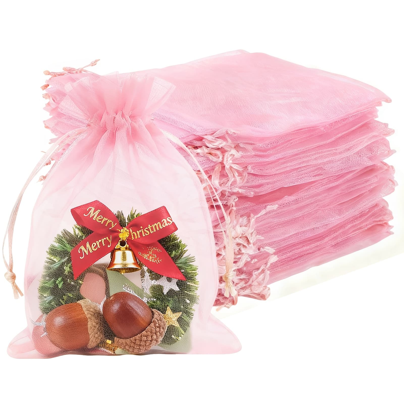 TEMU Elegant 110pcs Golden & Pink Organza Drawstring - Transparent Jewelry Gift Pouches For Weddings, Parties, Valentine Day & Christmas Favors, Halloween 3.0x4.0inch