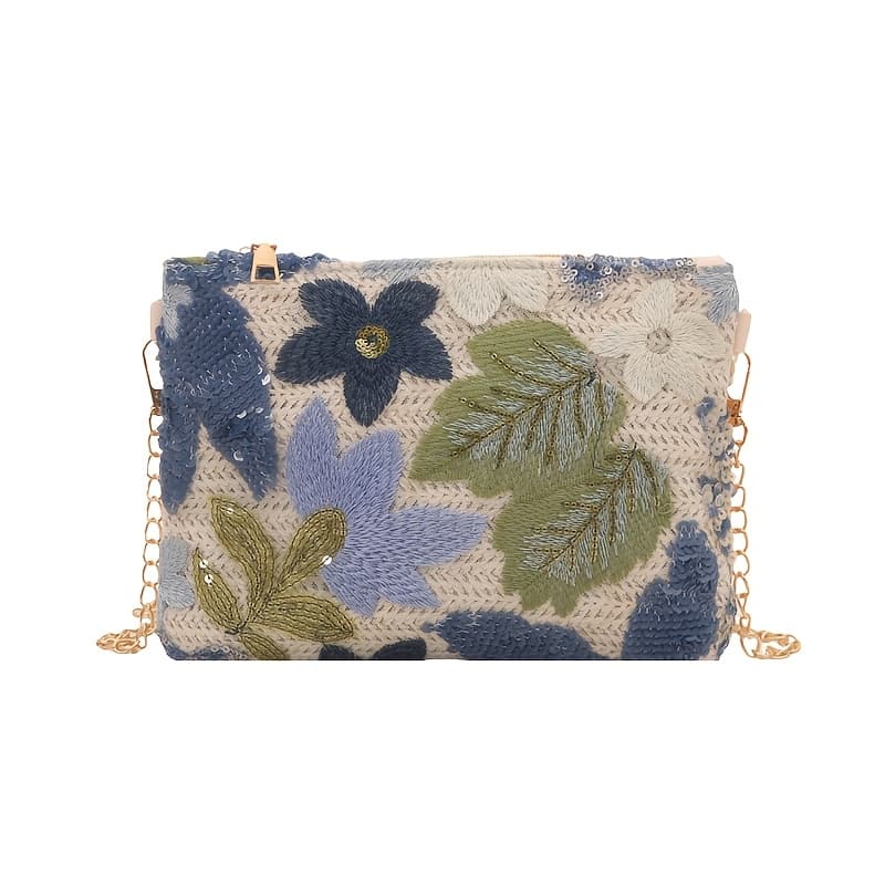 TEMU 2025 New Women's Woven Handbag, Embroidered Sequin Envelope Bag, European And American Straw Bag