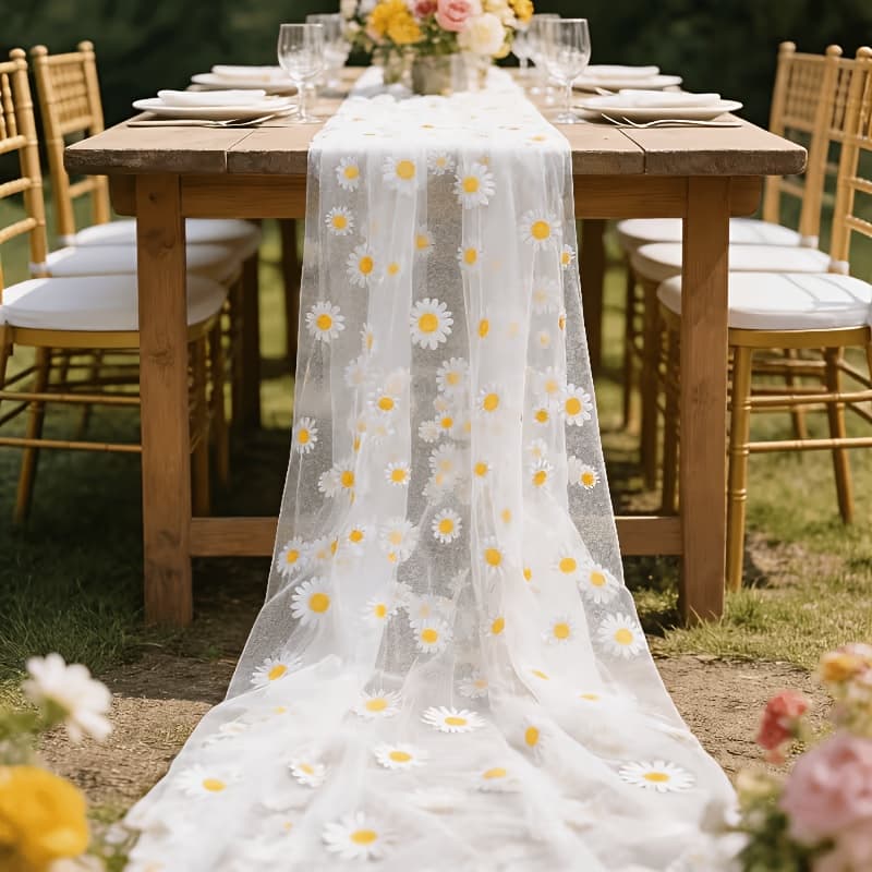 TEMU White Daisy Embroidered Mesh Table Runner | Polyester, Floral Pattern, Suitable For Birthday Parties, Weddings, Engagements, And Various Festive Occasions