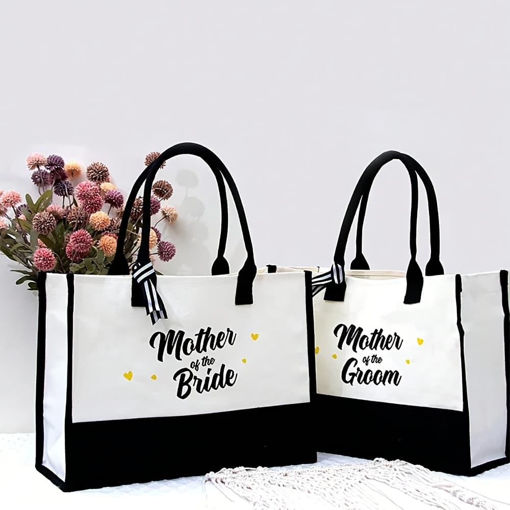 TEMU 2pcs Mother Of The Bride Canvas Tote Bag Set - Elegant Black & With Golden Lettering, Wedding, Engagement, Bachelorette Party, Bridal Shower, And , Bridesmaid Gifts