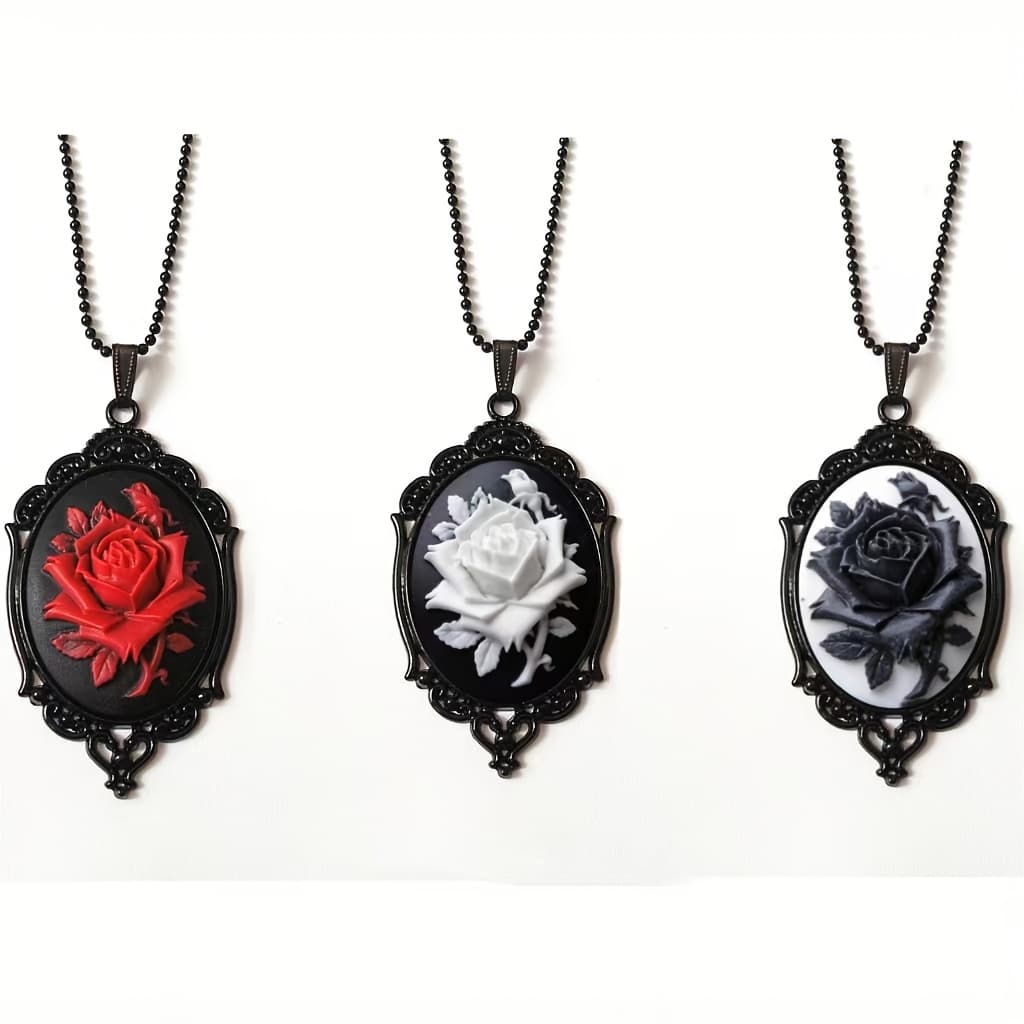 TEMU 3pcs/set Vintage Red, Black And White Rose Cameo With Lace Frame Pendant Necklace, Gothic Pendant Accessory, Elegant Style For Women.