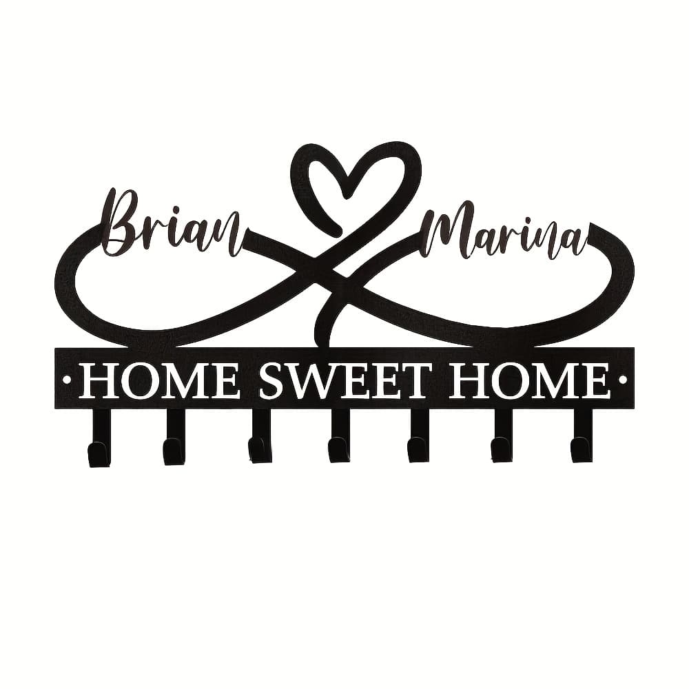 TEMU Personalized Couple Names/text Metal Key Holder - Wall-mounted Bohemian Suitable For Entryway, Bedroom, Hallway - Durable Painted Finish, Housewarming Gift With Custom Entry For Names/contact