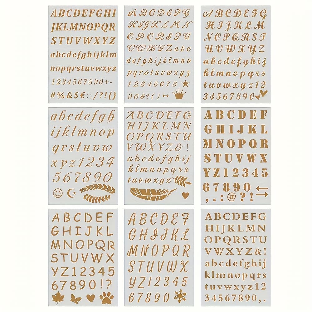 TEMU 9pcs Set Of Letter And Number Templates, 5x7 Inch Reusable Plastic Calligraphy Letter Templates, Suitable For Notebooks, Diaries, Scrapbooks, Diy Glass Door Holiday Decoration Painting Templates