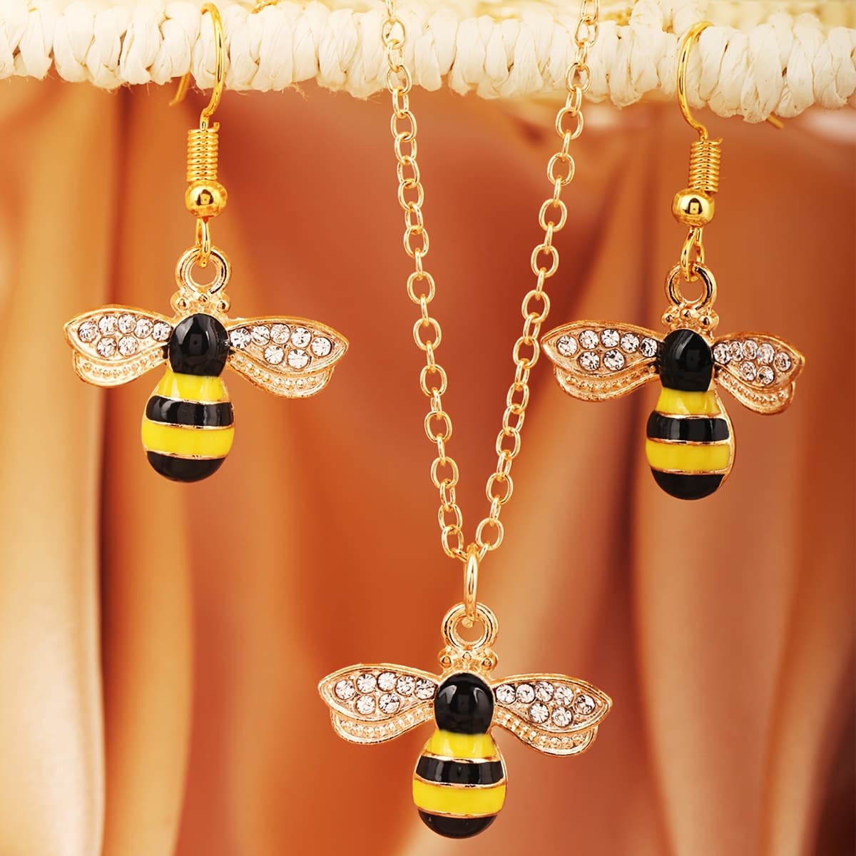 TEMU 3pcs Cute Pendant Earrings Necklace Set | Alloy With Glass Mosaic, Suitable For All And Daily Wear