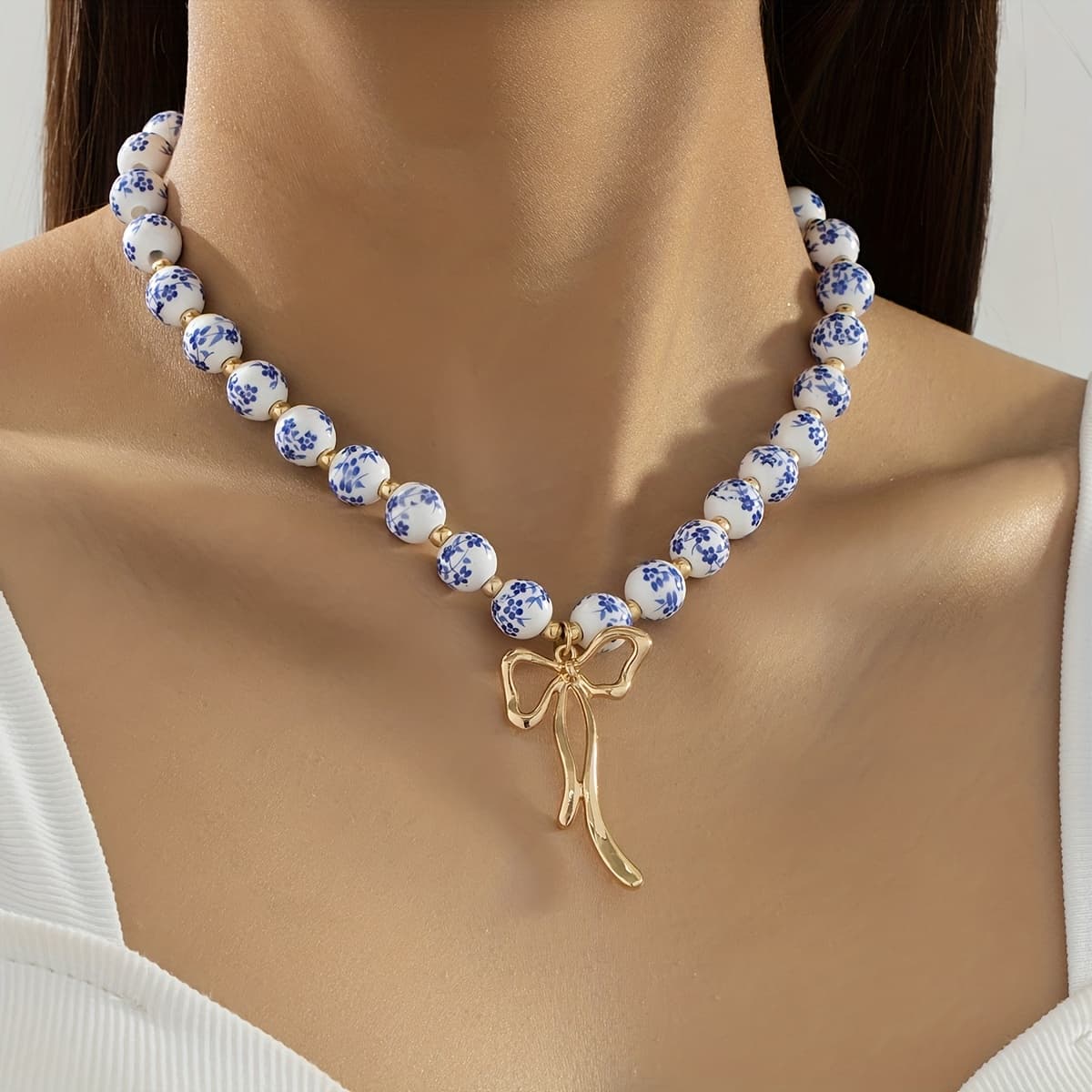 TEMU 1pc Elegant Temperament Ceramic Floral Bead And Porcelain Bow Necklace Suitable For Women' Gift Party Wear