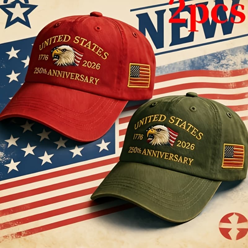 TEMU 250th Anniversary Baseball , 2-pack, And Flag Embroidery, Vintage Wash, Versatile And Stylish, Showcasing Charm